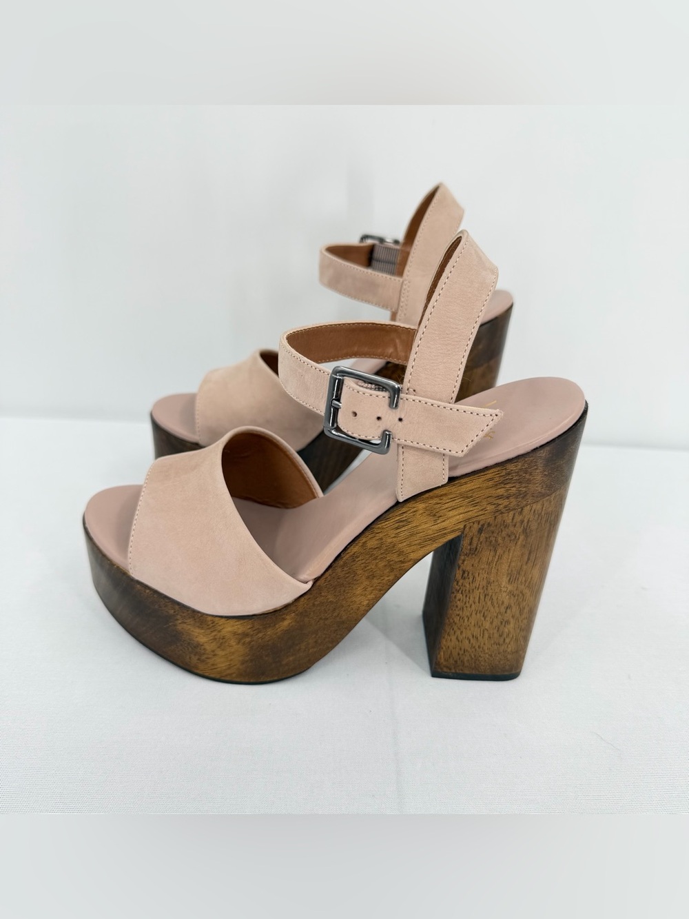 Leather Wood Platform Block Heel Sandals Nude 6.5 resort boho eurosummer coastal - Picture 7 of 16